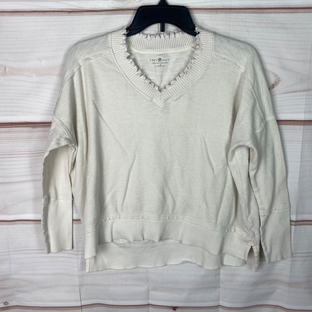 Grey State Top Womens 0 XS Ivory V-Neck T-Shirt Knit Long Sleeve Solid Pullover